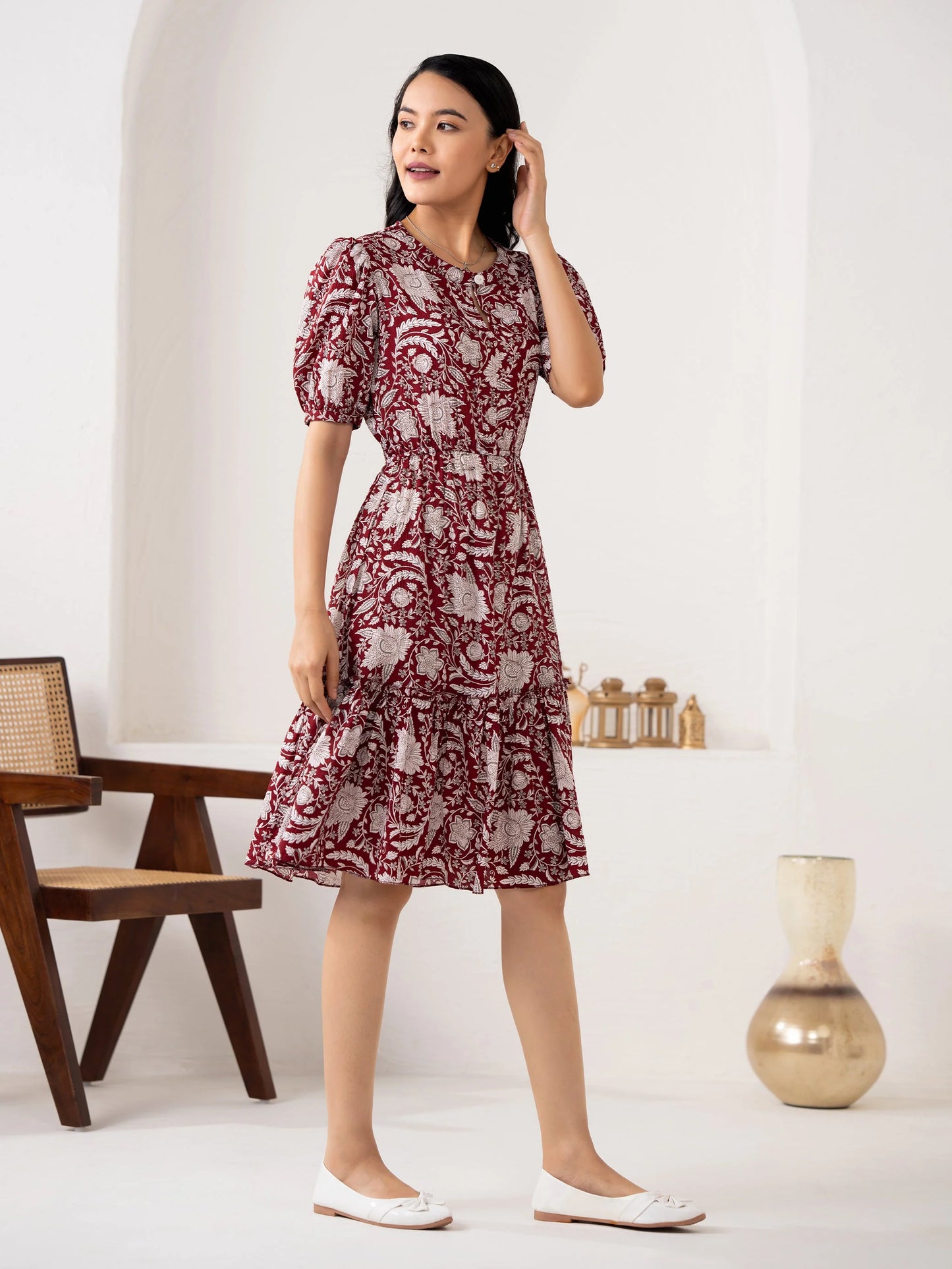 Women Crushed Crepe Floral Printed Maroon Color Dress Sale price