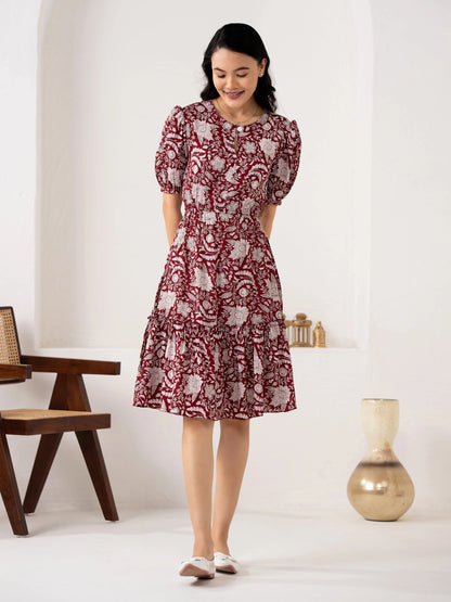 Women Crushed Crepe Floral Printed Maroon Color Dress Sale price