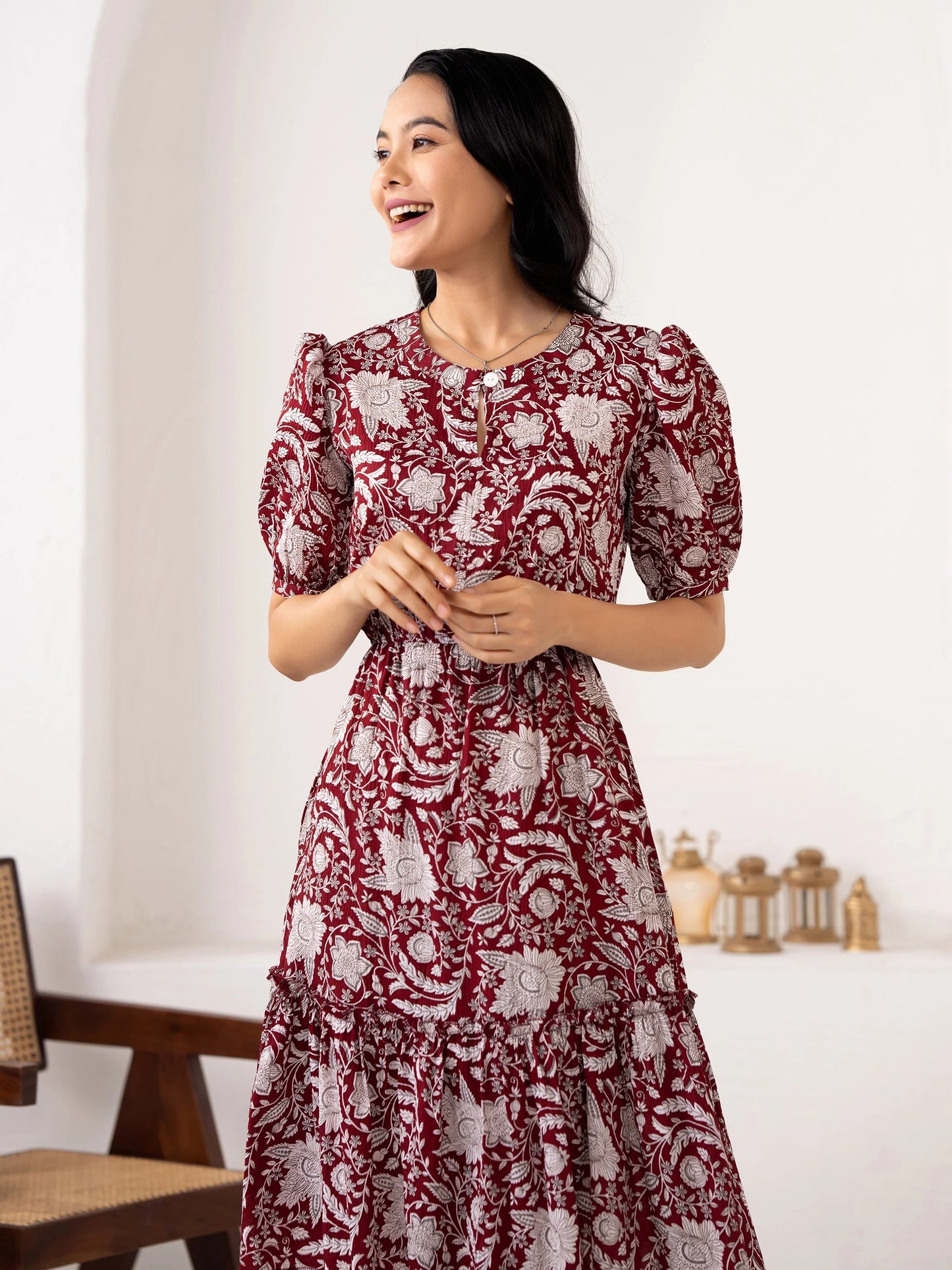 Women Crushed Crepe Floral Printed Maroon Color Dress Sale price