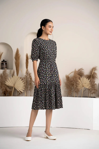 Thomas Black Crush Crepe Printed Fit and Flare Western Dress