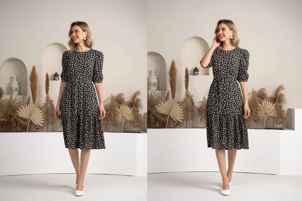 Thomas Black Crush Crepe Printed Fit and Flare Western Dress