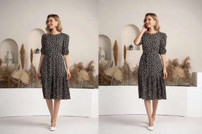Thomas Black Crush Crepe Printed Fit and Flare Western Dress