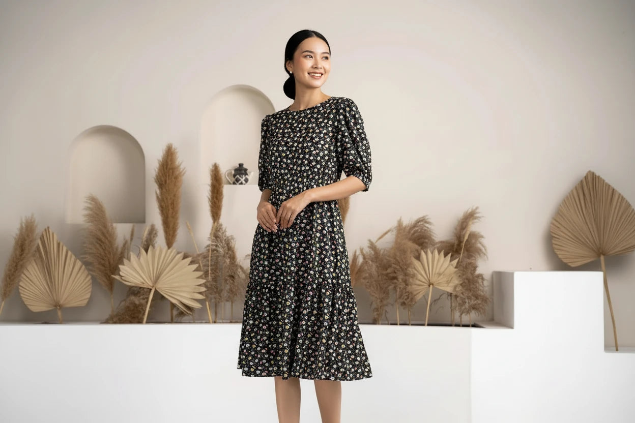 Thomas Black Crush Crepe Printed Fit and Flare Western Dress