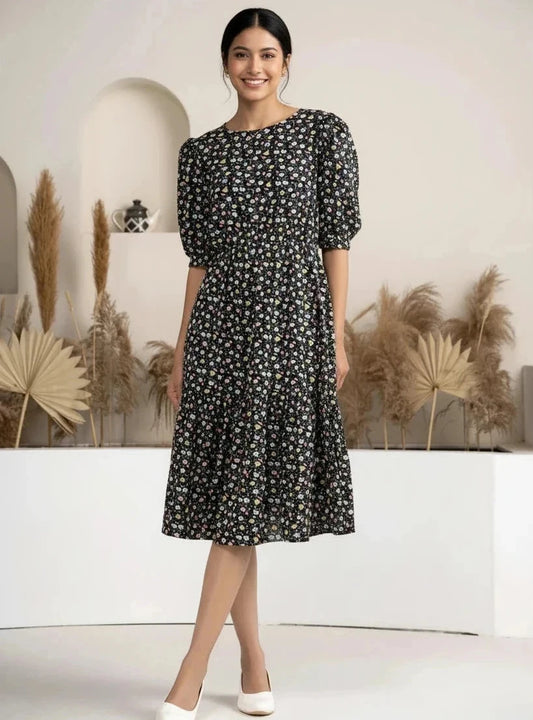 Thomas Black Crush Crepe Printed Fit and Flare Western Dress