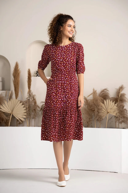 Thomas Black Crush Crepe Printed Fit and Flare Western Dress
