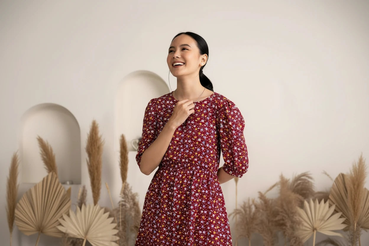 Thomas Black Crush Crepe Printed Fit and Flare Western Dress