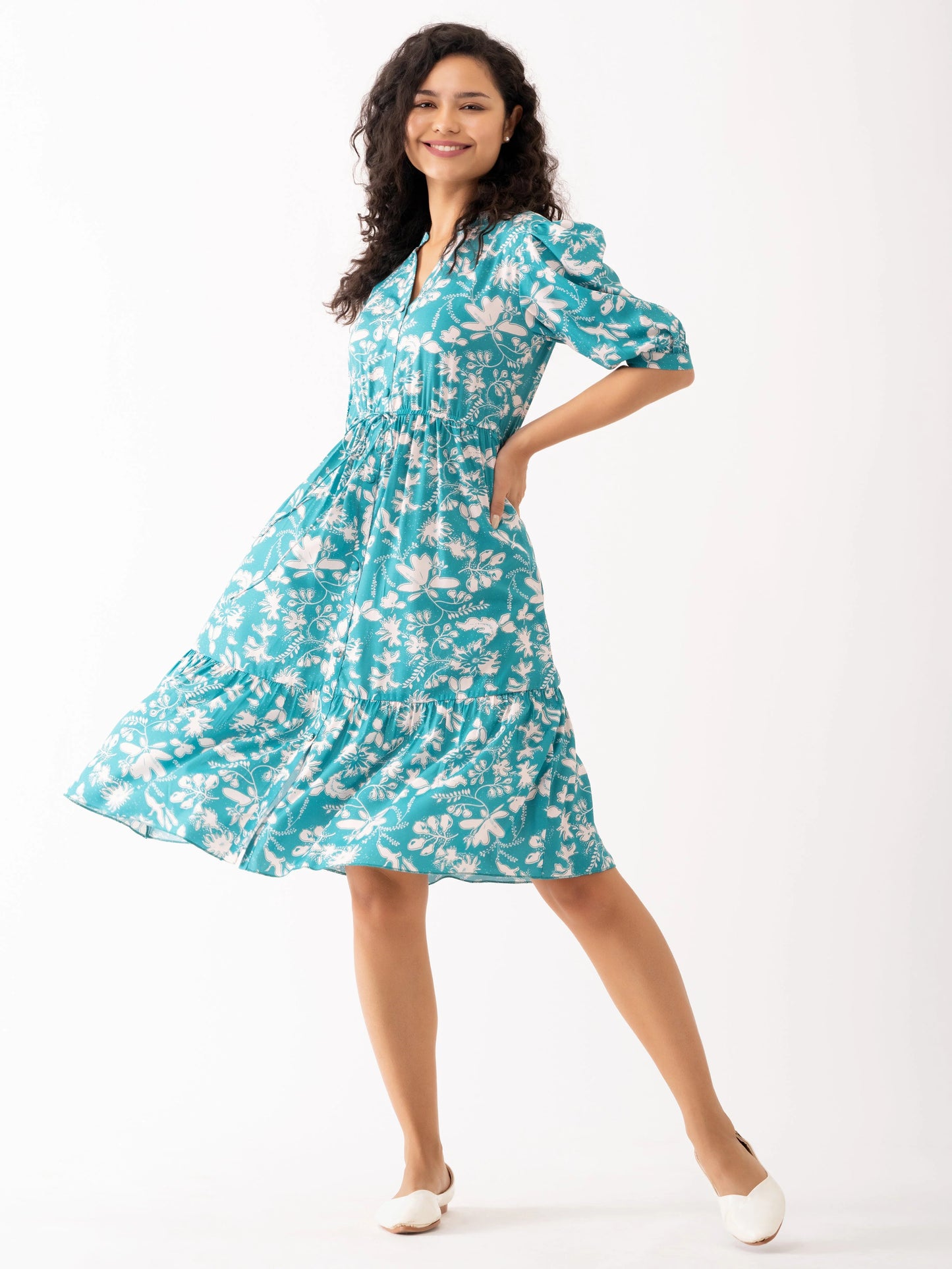 Women Digital Printed Aqua Color Digital Printed Dress