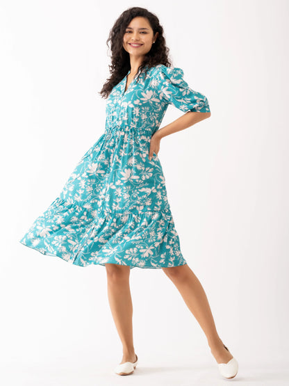 Women Digital Printed Aqua Color Digital Printed Dress