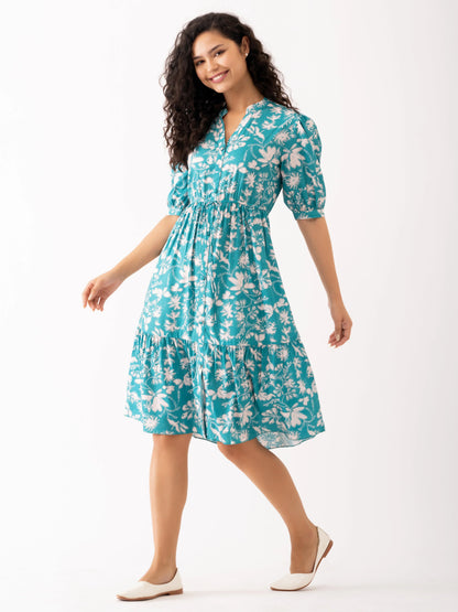 Women Digital Printed Aqua Color Digital Printed Dress