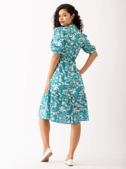 Women Digital Printed Aqua Color Digital Printed Dress