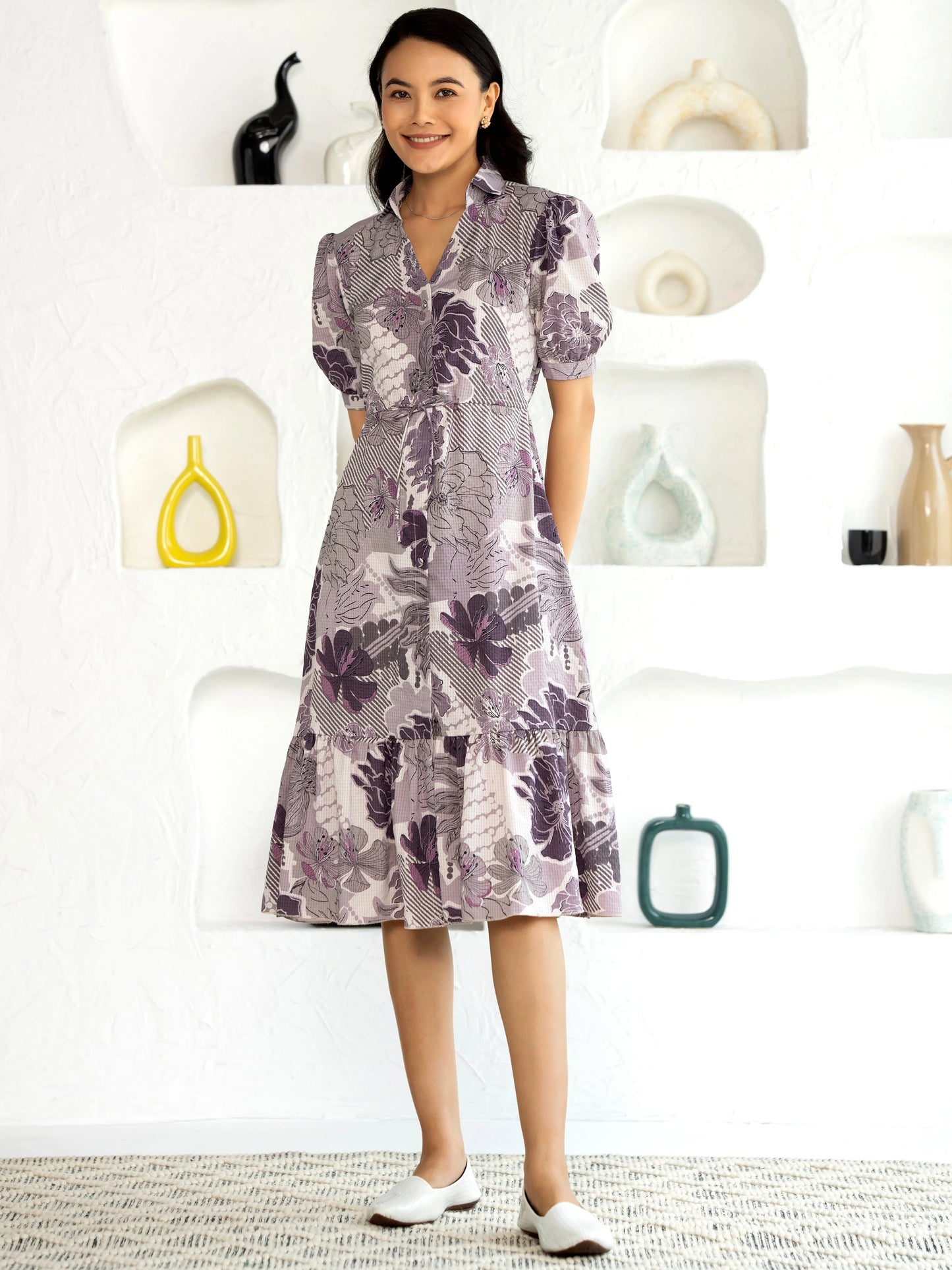 Women's Western Crush Polyester Flower Print Wine Fit and Flare Dress with Peasant Sleeve