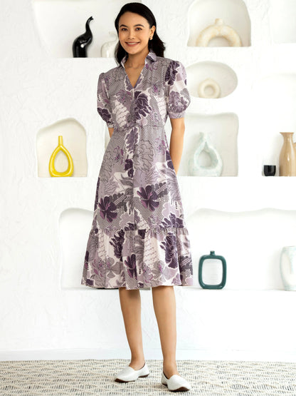 Women's Western Crush Polyester Flower Print Wine Fit and Flare Dress with Peasant Sleeve