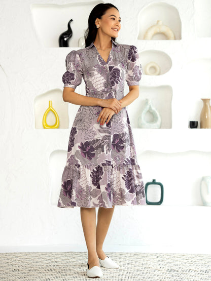 Women's Western Crush Polyester Flower Print Wine Fit and Flare Dress with Peasant Sleeve