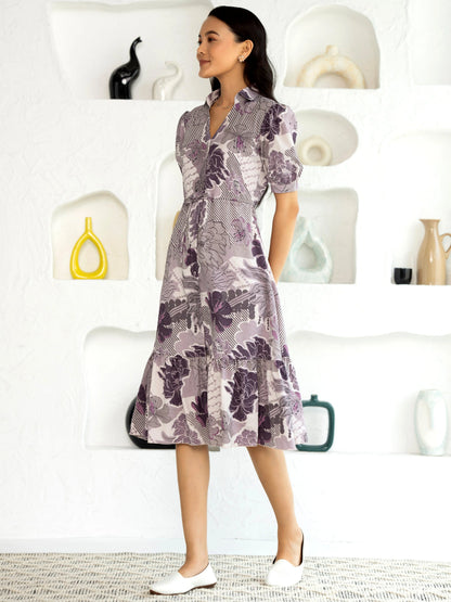 Women's Western Crush Polyester Flower Print Wine Fit and Flare Dress with Peasant Sleeve