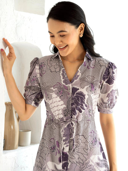 Women's Western Crush Polyester Flower Print Wine Fit and Flare Dress with Peasant Sleeve