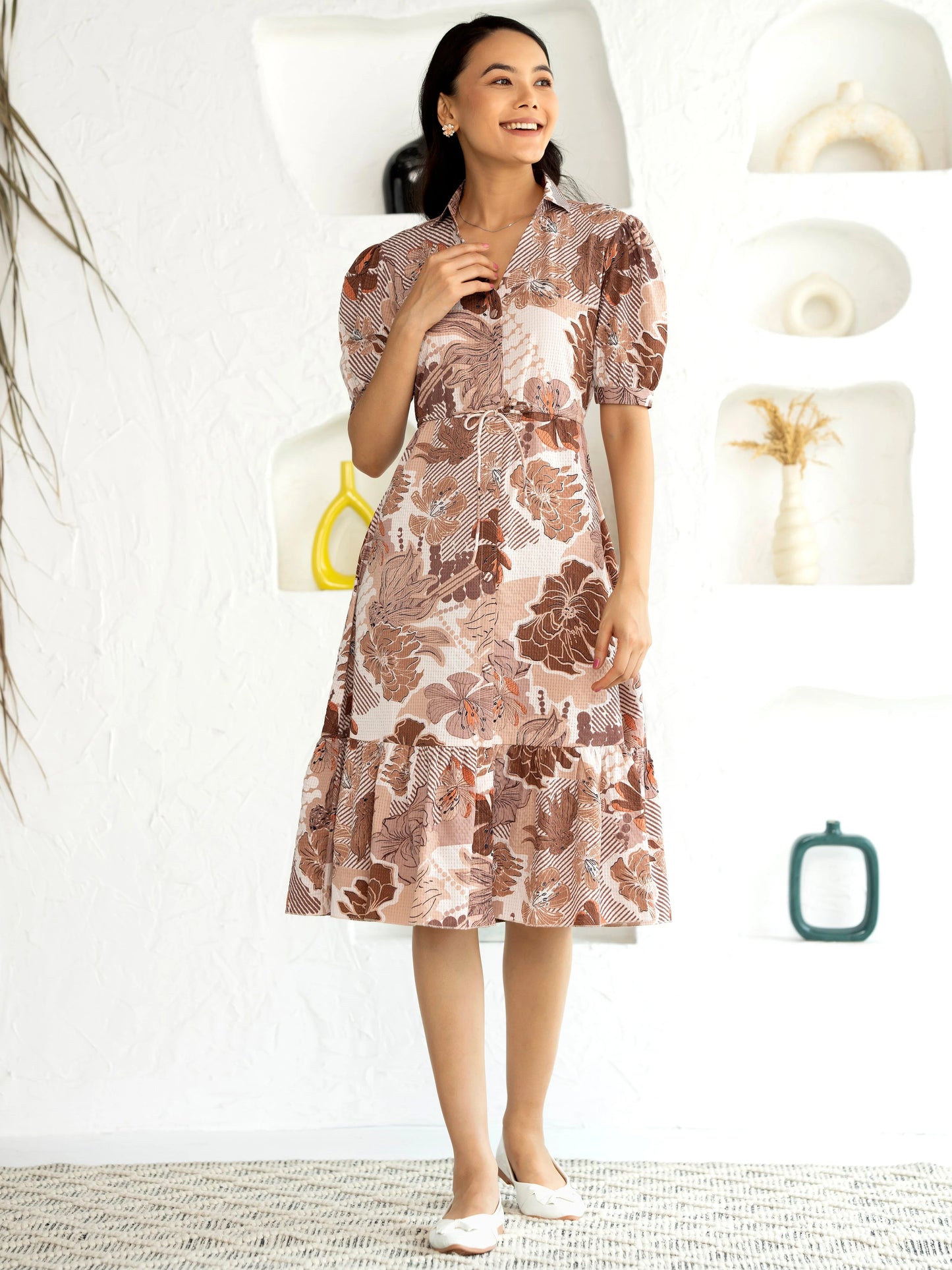 Women's Western Crush Polyester Flower Print Wine Fit and Flare Dress with Peasant Sleeve