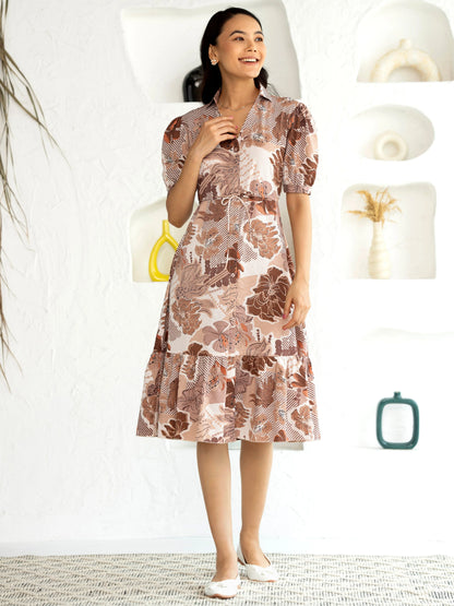 Women's Western Crush Polyester Flower Print Wine Fit and Flare Dress with Peasant Sleeve