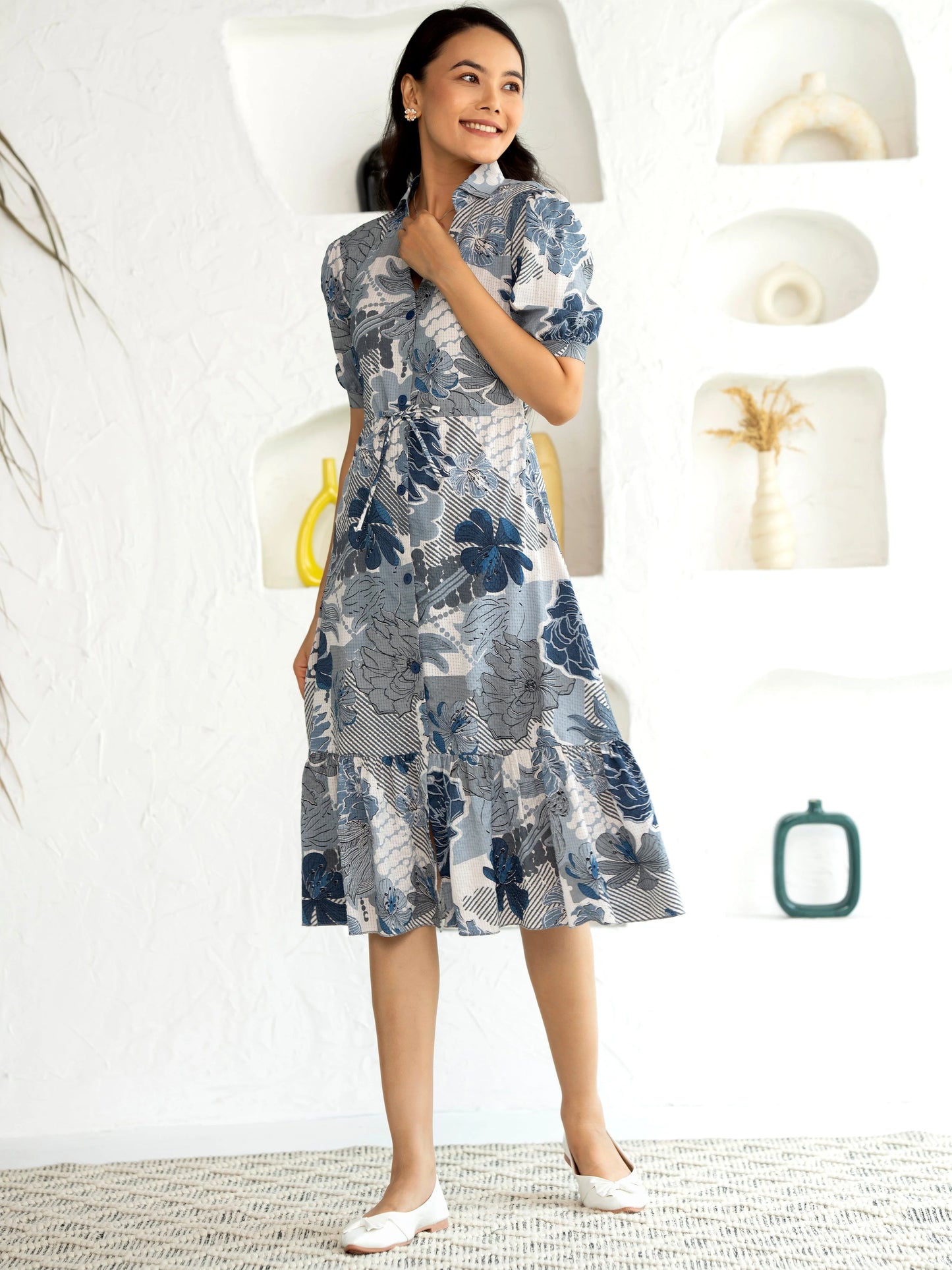 Women's Western Crush Polyester Flower Print Wine Fit and Flare Dress with Peasant Sleeve