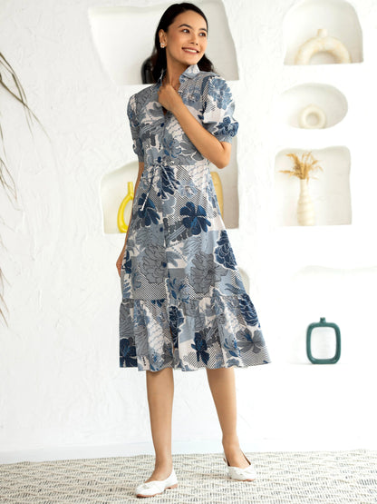 Women's Western Crush Polyester Flower Print Wine Fit and Flare Dress with Peasant Sleeve