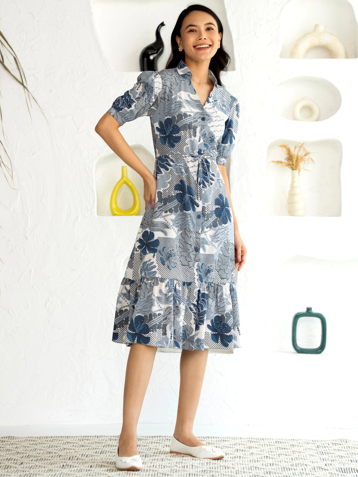 Women's Western Crush Polyester Flower Print Wine Fit and Flare Dress with Peasant Sleeve