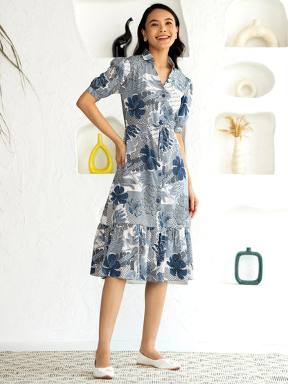 Women's Western Crush Polyester Flower Print Wine Fit and Flare Dress with Peasant Sleeve