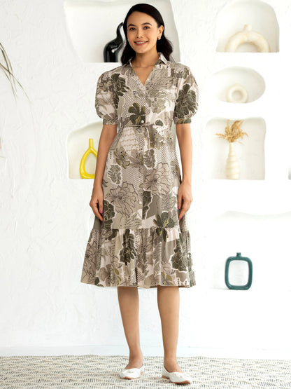 Women's Western Crush Polyester Flower Print Wine Fit and Flare Dress with Peasant Sleeve