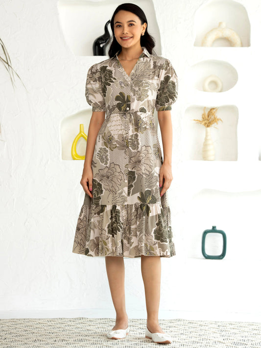 Women's Western Crush Polyester Flower Print Wine Fit and Flare Dress with Peasant Sleeve