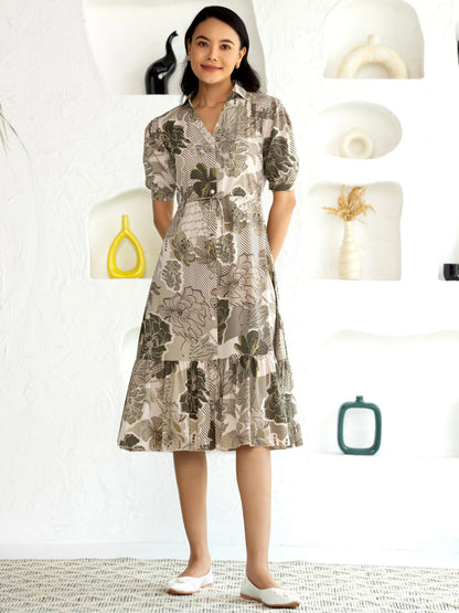 Women's Western Crush Polyester Flower Print Wine Fit and Flare Dress with Peasant Sleeve